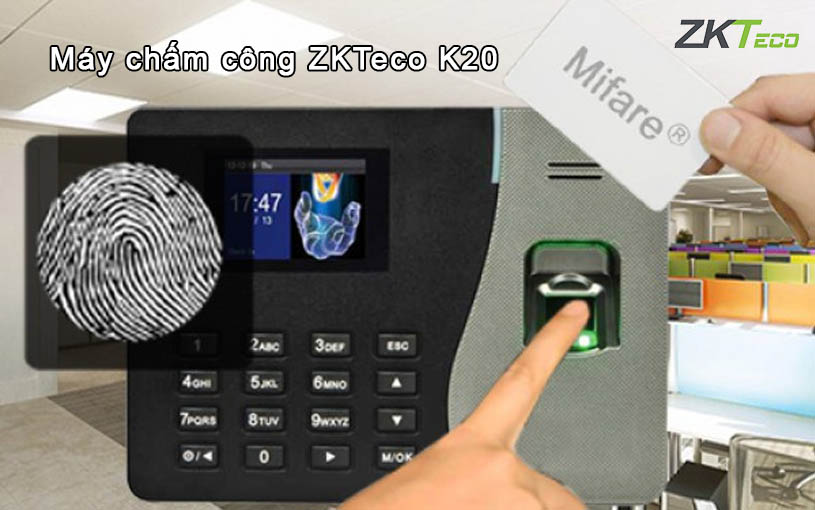 Máy chấm công ZKTeco K20 hỗ trợ xác minh bằng thẻ hoặc vân tay