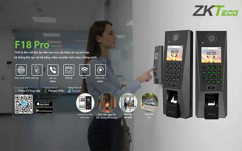 Thiết bị chấm công kiểm soát truy cập vân tay ZKTeco F18 Pro